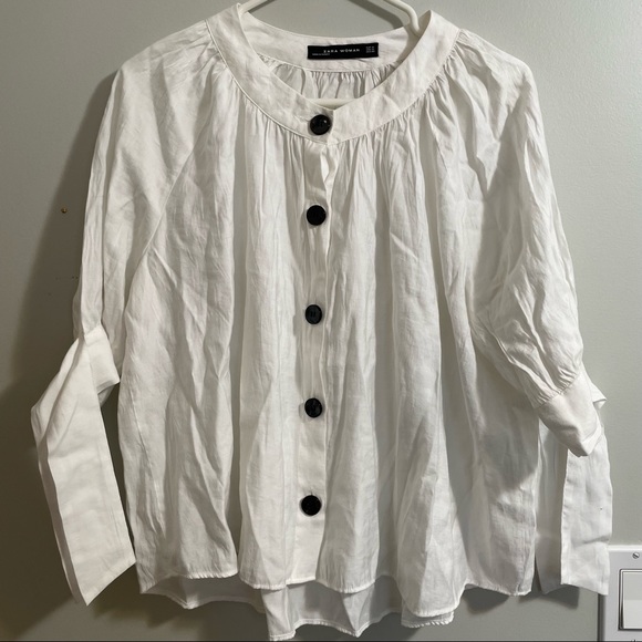 Zara Tops - Zara Woman Button Front Short 3/4 Tie Sleeve Swing Top Shirt Button Up Round Hem